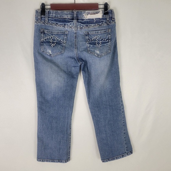 Leo Roma Juniors Jeans 7 Low Rise Capri Womens Studded Distressed Blue Denim - Picture 2 of 16